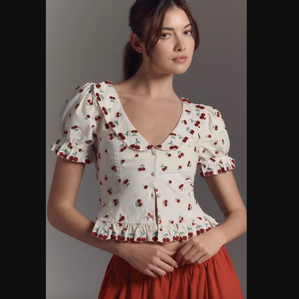 Cherry-Print Ruffle Hem Puff Sleeve Top - White
